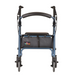 Front view of a blue Nova Medical GetGo Walker rollator with four wheels, padded seat, black storage bag with Nova logo, and ergonomic brake handles. Its lightweight metallic frame embodies a standard design ideal for both standard and petite users.