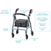 The Nova Medical GetGo Rolling Rollator Walker offers a classic petite blue design with handle heights from 32.5 to 36.5 and a width of 17.75. It features a seat height of 22.25, supports up to 300 lbs, includes a generous pouch, and weighs only 14 lbs.
