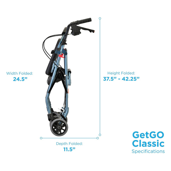 A side view of the folded Nova Medical GetGo Rolling Rollator Walker showcases handlebars, a seat, and three wheels. Its dimensions are Width: 24.5, Height: 37.5-42.25, Depth: 11.5. This lightweight walker is ideal for anyone looking for a reliable and compact mobility solution.