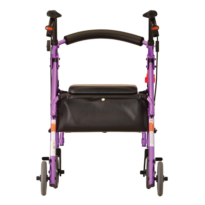 The Nova Medical GetGo Rolling Rollator Walker features a purple design with four wheels and a black seat, handbrakes on both handles, and a small storage compartment beneath. A sturdy metal frame and padded backrest ensure classic comfort in this lightweight model.
