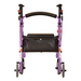 The Nova Medical GetGo Rolling Rollator Walker features a purple design with four wheels and a black seat, handbrakes on both handles, and a small storage compartment beneath. A sturdy metal frame and padded backrest ensure classic comfort in this lightweight model.