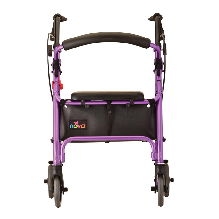 The Nova Medical GetGo Rolling Rollator Walker in vibrant purple boasts four black wheels, a padded seat, and a storage pouch with the Nova brand printed on it. It includes hand brakes and a curved backrest for comfort, perfect for those seeking stylish mobility support.
