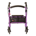 The Nova Medical GetGo Rolling Rollator Walker in vibrant purple boasts four black wheels, a padded seat, and a storage pouch with the Nova brand printed on it. It includes hand brakes and a curved backrest for comfort, perfect for those seeking stylish mobility support.