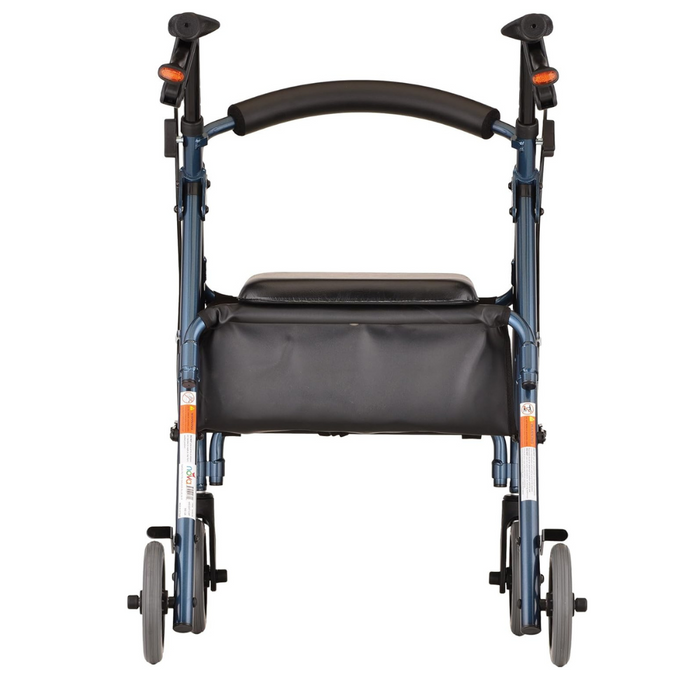 The Nova Medical GetGo Rolling Rollator Walker is a classic in mobility aids, featuring a blue frame with four wheels, cushioned seat, rubber handles, and a black storage pouch beneath the seat. Ideal for petite users, its portrayed from the front view.