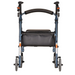 The Nova Medical GetGo Rolling Rollator Walker is a classic in mobility aids, featuring a blue frame with four wheels, cushioned seat, rubber handles, and a black storage pouch beneath the seat. Ideal for petite users, its portrayed from the front view.