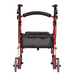 The Nova Medical GetGo Rolling Rollator Walker, in classic red, features four wheels and includes a black backrest, a seat with hand brakes on the handlebars, and a storage pouch beneath the seat.