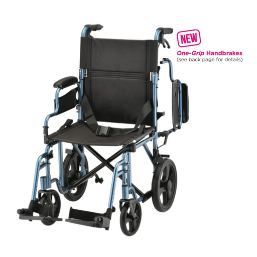 Check out the Nova Medical Lightweight Transport Chair with 12” rear wheels, available in blue and black. It features padded armrests, footrests, and NEW locking handbrakes for enhanced safety. Check the back page for more details about this innovation.