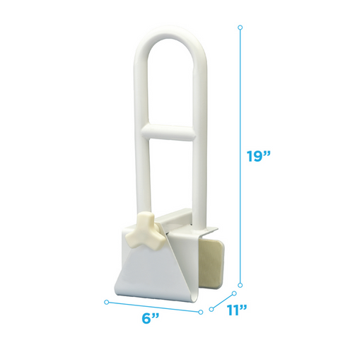 The Nova Medical Bathtub Safety Grab Bar Handle, measuring 19 tall, 11 wide, and 6 deep with adjustable clamps, is designed for enhanced bathroom safety and support.