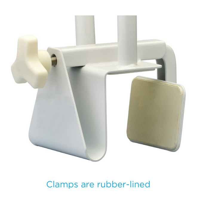 The Nova Medical Bathtub Safety Grab Bar Handle, featuring a white rubber-lined clamp and small tightening handle, is perfect for secure gripping. The design makes it ideal as an adjustable bathtub grab bar. Text below reads, Clamps are rubber-lined.