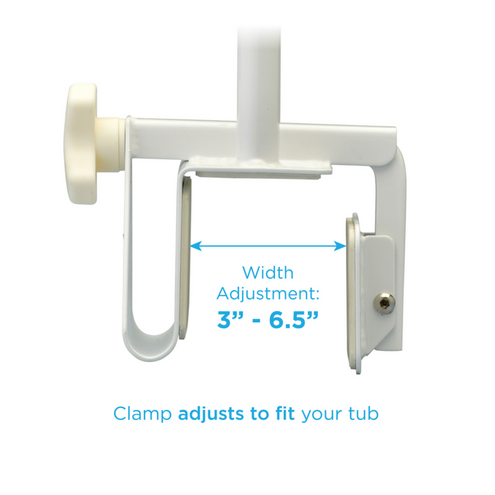 Image of the Nova Medical Bathtub Safety Grab Bar Handle, a white adjustable clamp for tubs with a width range from 3 to 6.5 inches. The text reads, Clamp adjusts to fit your tub, ensuring reliable support with its secure grip as an essential bathtub grab bar.