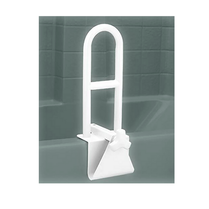 Image of the Nova Medical Bathtub Safety Grab Bar Handle, a white bar with adjustable clamps, securely attached to the side of a bathtub in a tiled bathroom setting.