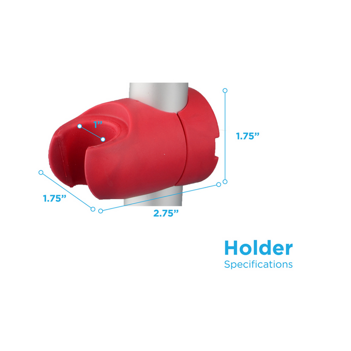 The Nova Medical Holder for Handheld Shower Heads in red, measuring 1.75 wide, 1 deep, 2.75 long, and 1.75 tall, is a convenient bathroom addition.