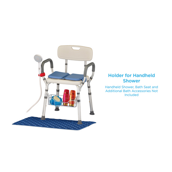 The Nova Medical Holder for Handheld Shower Heads is a bath seat with a backrest, armrests, and universal shower holder compatibility. It stands on a blue mat with bath products below. Convenient Addition for Handheld Shower. Accessories Not Included.