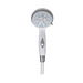 The Nova Medical Deluxe Handheld Shower Head features an elegant white and silver design with blue rubber nozzles, an adjustable lever for five settings, and an extra-long flexible white hose for enhanced reach.