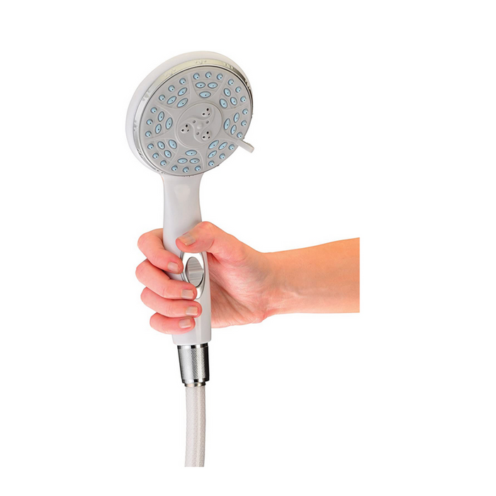 A hand holding the Nova Medical Deluxe Handheld Shower Head in white, featuring an extra-long hose and five spray settings for a customizable shower experience.