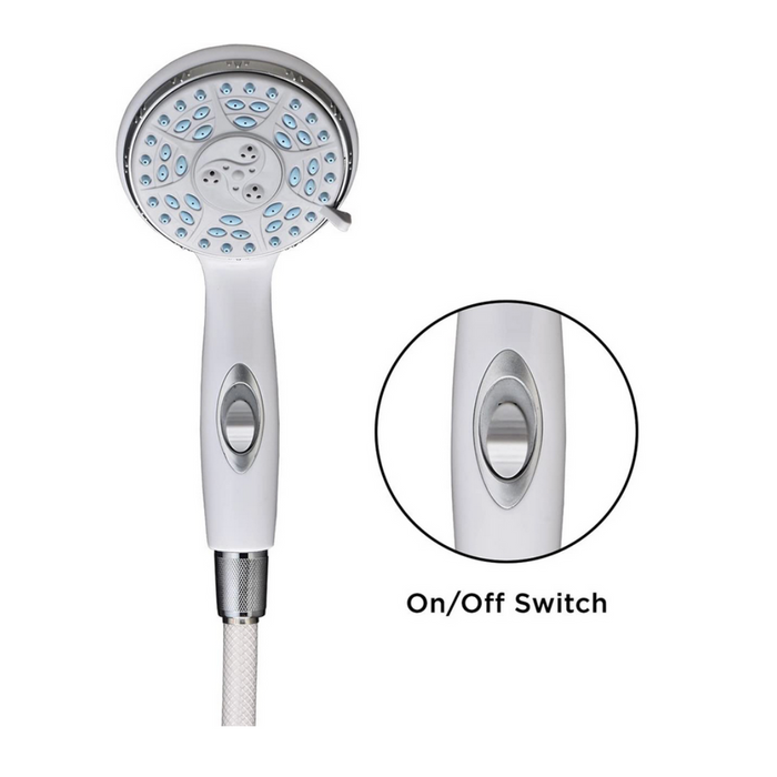 The Nova Medical Deluxe Handheld Shower Head features a white showerhead with five settings, an On/Off switch for convenience, and an extra-long silver hose. A highlighted inset shows the switch detail.