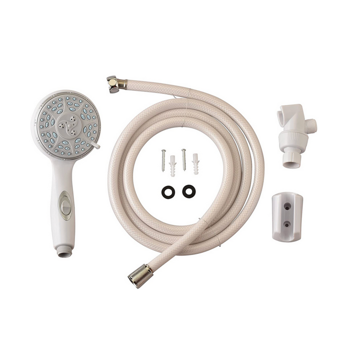 The Nova Medical Deluxe Handheld Shower Head features a circular multi-jet spray face with five settings, a sleek white handle, an extra-long flexible hose, mounting bracket, two rubber washers, screws, wall anchors, and a T-shaped connector.