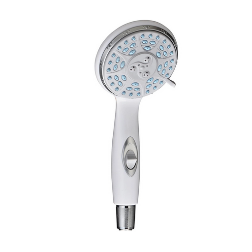 The Nova Medical Deluxe Handheld Shower Head is depicted against a white background, featuring multiple blue nozzles and a rounded head. It has a grip handle with a silver accent near the connection point, and offers five settings for personalized water flow.