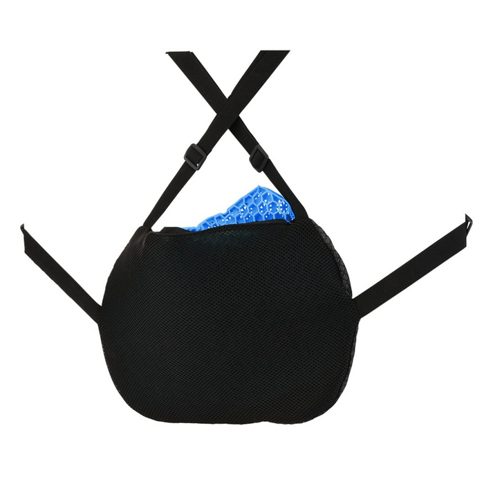 A black mesh carrier bag with adjustable shoulder straps contains a blue Nova Medical Happy Collection Back and Lumbar Support Gel Cushion inside, offering comfort and pressure relief. The bag is isolated on a white background.