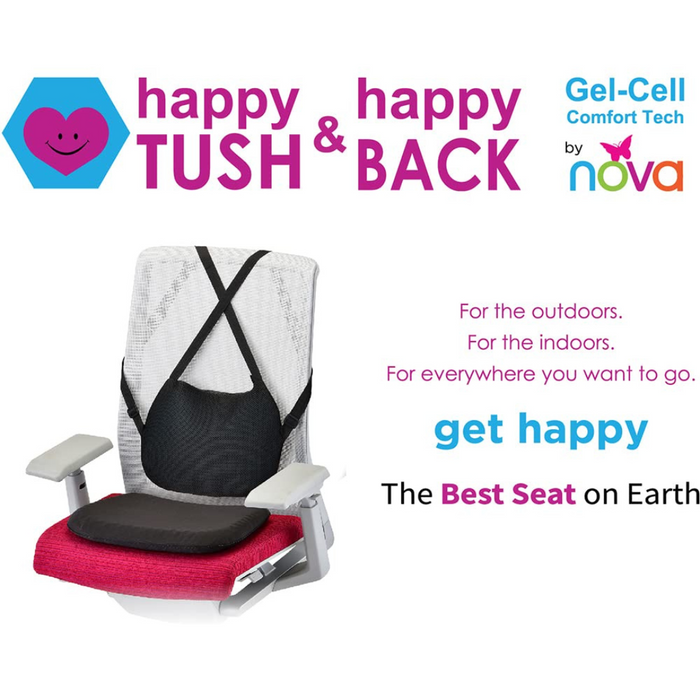 Promotional image of Nova Medicals Happy Collection features an office chair with a black backrest and red seat, advertised as happy TUSH & happy BACK. With Gel-Cell Comfort Tech for pressure relief and lumbar support, its dubbed The Best Seat on Earth for indoor/outdoor use.