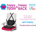Promotional image of Nova Medicals Happy Collection features an office chair with a black backrest and red seat, advertised as happy TUSH & happy BACK. With Gel-Cell Comfort Tech for pressure relief and lumbar support, its dubbed The Best Seat on Earth for indoor/outdoor use.