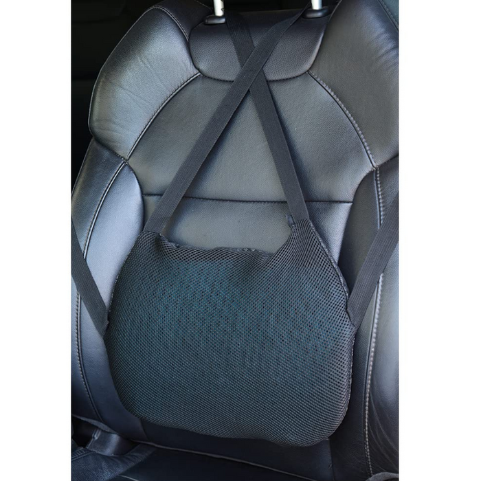 The Nova Medical Happy Collection offers a black car seat with contoured mesh lumbar support pillow, adjustable straps, and a textured back support gel cushion to enhance comfort and posture.