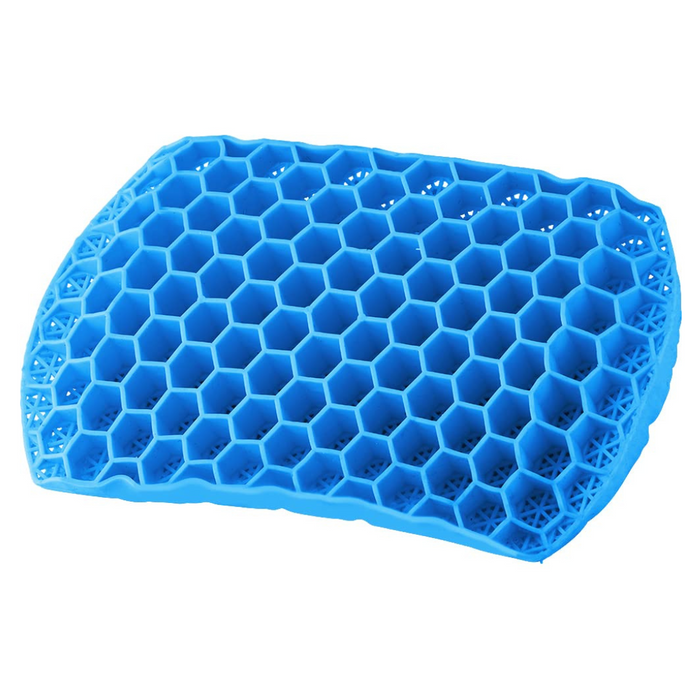 The Nova Medical Happy Collection Back and Lumbar Support Gel Cushion is blue, hexagonal with a honeycomb pattern, ergonomically designed for support. It features small, breathable hexagonal cells to provide flexible structure and optimal pressure relief.