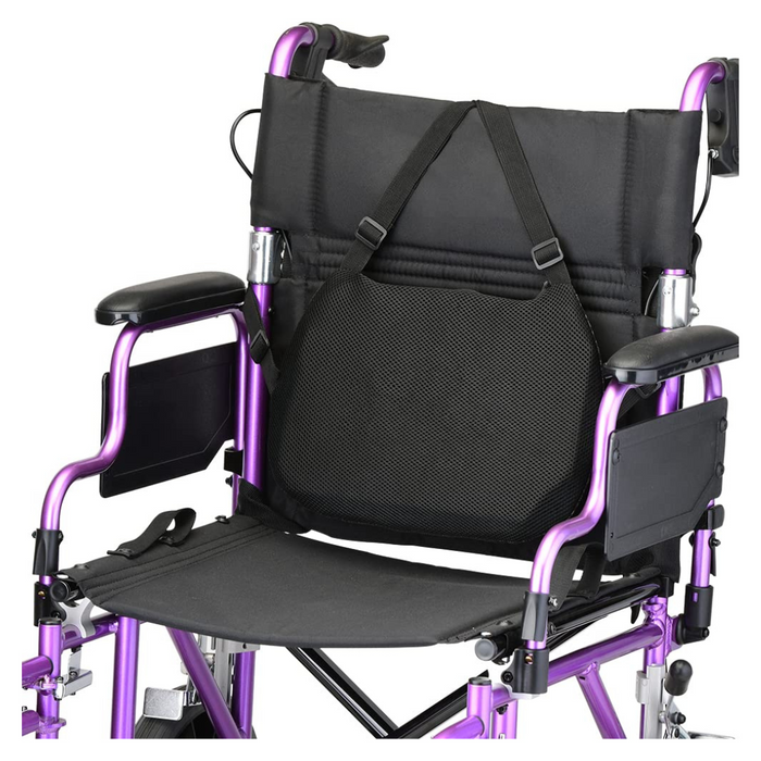 The purple lightweight wheelchair features adjustable armrests, seat belt, and footrests. It provides optimal pressure relief with Nova Medical Happy Collection Back and Lumbar Support Gel Cushions for enhanced lumbar support, making it ideal for mobility assistance.