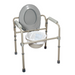 A portable gray commode chair with armrests, padded backrest, and a white removable bucket under the seat features an adjustable metal frame and rubber-tipped legs for stability. For extra convenience, use Nova Medical Disposable Commode Bucket Liners, available 20 per box.