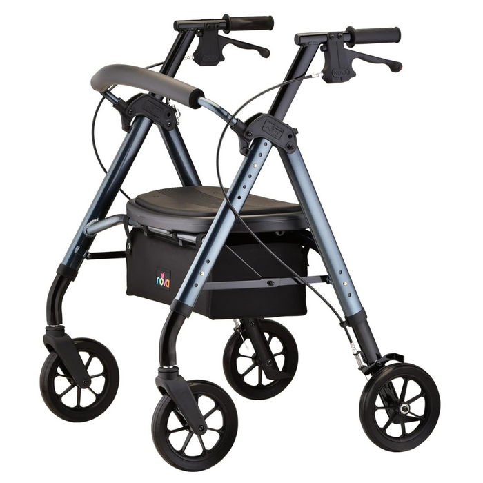 The Nova Medical Star 8 DX is a heavy-duty, foldable bariatric rollator with all-terrain wheels, an extra-wide seat, a storage basket, and two hand brakes. It has a sleek black design with metallic blue accents.