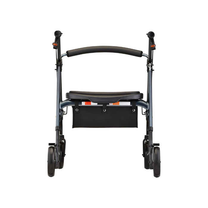 The Nova Medical Star 8 DX Heavy Duty Extra-Wide Bariatric Rollator features all-terrain wheels, a foldable design, an extra-wide cushioned seat with a storage pouch underneath, ergonomic handles, and a sturdy frame. Displayed from the front on a white background.