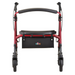 The Nova Medical Star 8 DX Heavy Duty Extra-Wide Bariatric Rollator in red features an all-terrain design with a black padded seat and backrest. Its four wheels provide stability, while the black storage pouch showcases the colorful nova logo for support and convenience in daily use.