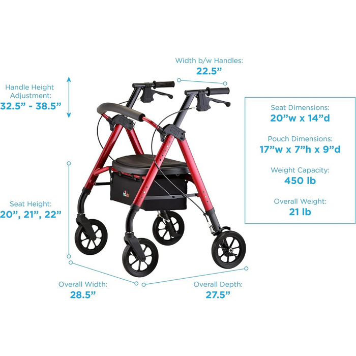 The Nova Medical Star 8 DX Rollator is red and foldable, boasting all-terrain wheels and a comfortable 20W x 14D seat. It supports up to 450 lb, weighs 21 lb, and has adjustable seat heights (20 to 22). Includes an extra-wide design for comfort and a handy storage pouch.