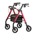 The Nova Medical Star 8 DX Heavy Duty Extra-Wide Bariatric Rollator is a red and black walker with all-terrain wheels, a padded extra-wide seat, handles with brakes, and an under-seat storage pouch to assist people with walking.