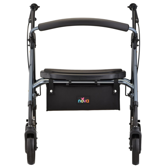 A front view of the Nova Medical Star 8 DX Heavy Duty Extra-Wide Bariatric Rollator shows a black and silver design with all-terrain wheels, padded seat, and storage pouch with colorful nova letters, combining comfort with sturdy modern style.