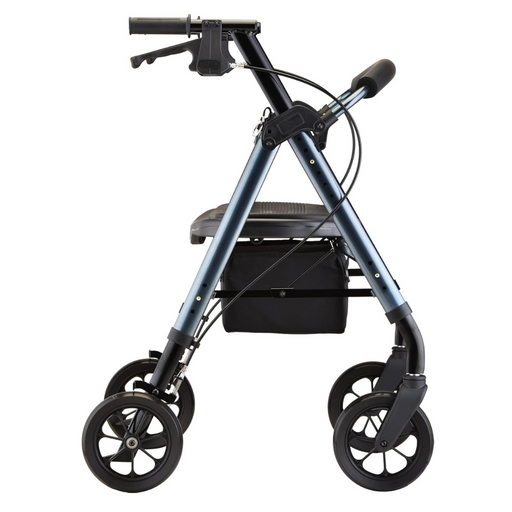 The Nova Medical Star 8 DX Heavy Duty Extra-Wide Bariatric Rollator, in blue, features four all-terrain wheels, a sturdy frame with hand brakes, a spacious black seat, and a storage bag below for enhanced mobility support.