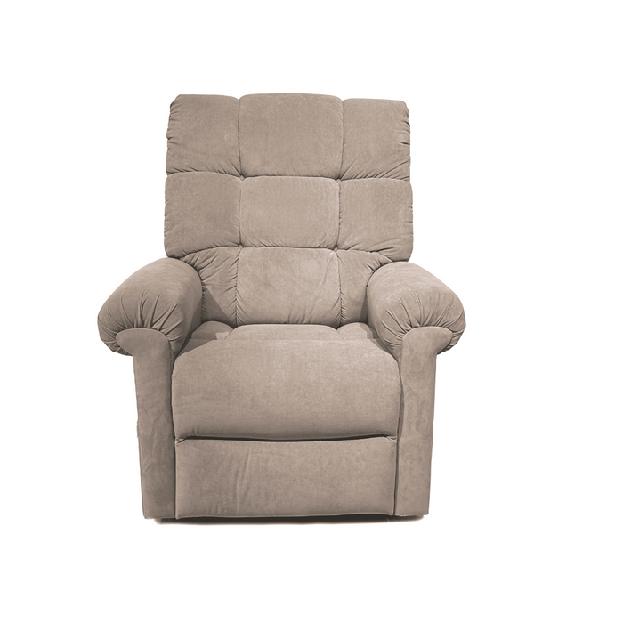 The Journey Perfect Sleep Recliner & Lift Chair with Heat is a plush, taupe chair featuring a high cushioned backrest, wide armrests, and a padded seat. Its soft fabric provides supreme comfort and therapeutic heat, making it ideal for relaxation against a white background.