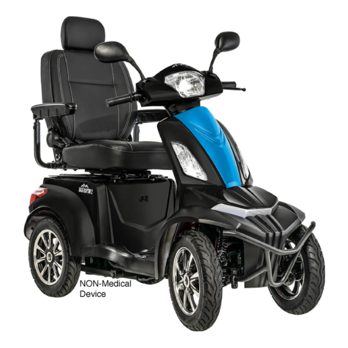 The Pride Baja® Raptor® 2 Bariatric 4-Wheel Scooter features full suspension, a blue front, black cushioned seat with armrests, side mirrors, and a backrest. Labeled NON-Medical Device. Designed for enhanced outdoor mobility.