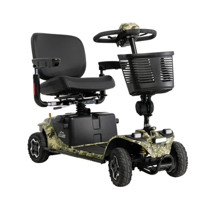 The Pride Baja® Bandit 4 Wheel Scooter features a camouflage design, black seat with armrests, steering handles, front basket, and four rugged wheels—making this sturdy off-road mobility scooter ideal for outdoor adventures.