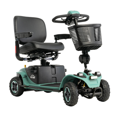 The Pride Baja® Bandit 4 Wheel Scooter in teal features a black seat with armrests, front basket, and handlebars—ideal for personal transportation and improved accessibility.