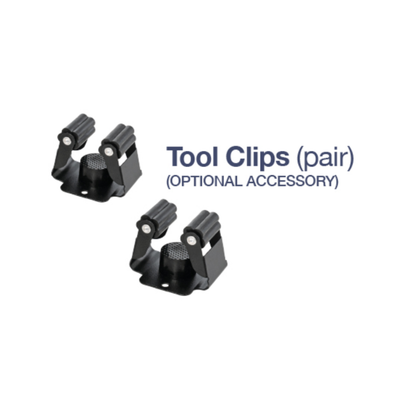 Two black tool clips are displayed side by side with the text Tool Clips (Pair) – Optional Accessory to the right—ideal for your Pride Mobility Hard Top Canopy Scooter Accessory, adding adventure-ready protection on a white background.