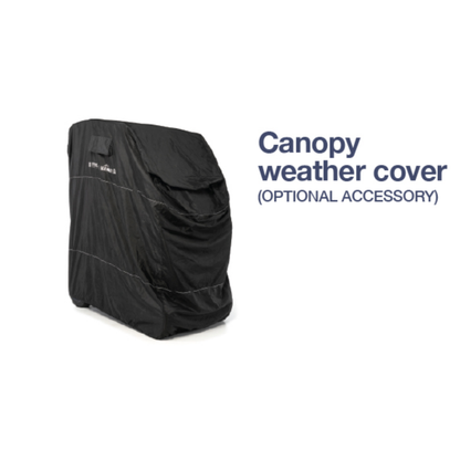 The Pride Mobility Hard Top Canopy Scooter Accessory, shown in black on a mobility scooter, provides durable protection from the elements. Optional accessory is displayed with text labeling on a white background.
