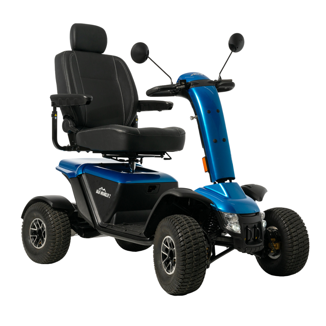 The Pride Baja® Wrangler® 2 Heavy Duty Outdoor Scooter is a blue, four-wheeled model with a black cushioned seat, armrests, headrest, handlebars, side mirrors, and rugged tires for enhanced outdoor performance.
