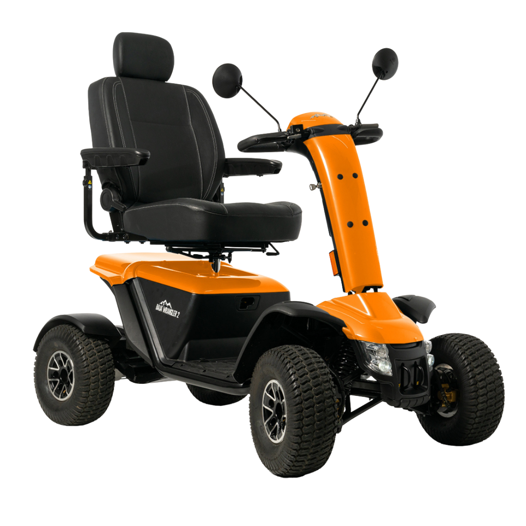 The Pride Baja® Wrangler® 2 Heavy Duty Outdoor Scooter features large tires, an orange frame, black cushioned seat with armrests, and rearview mirrors for confident outdoor travel on any terrain.