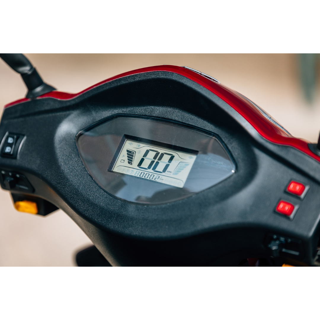 Close-up of the Pride Baja® Raptor® 2 Bariatric 4-Wheel Scooter digital dashboard at 0 km/h, with LED lighting, black and red casing, and right-side buttons—ideal for outdoor mobility enthusiasts.