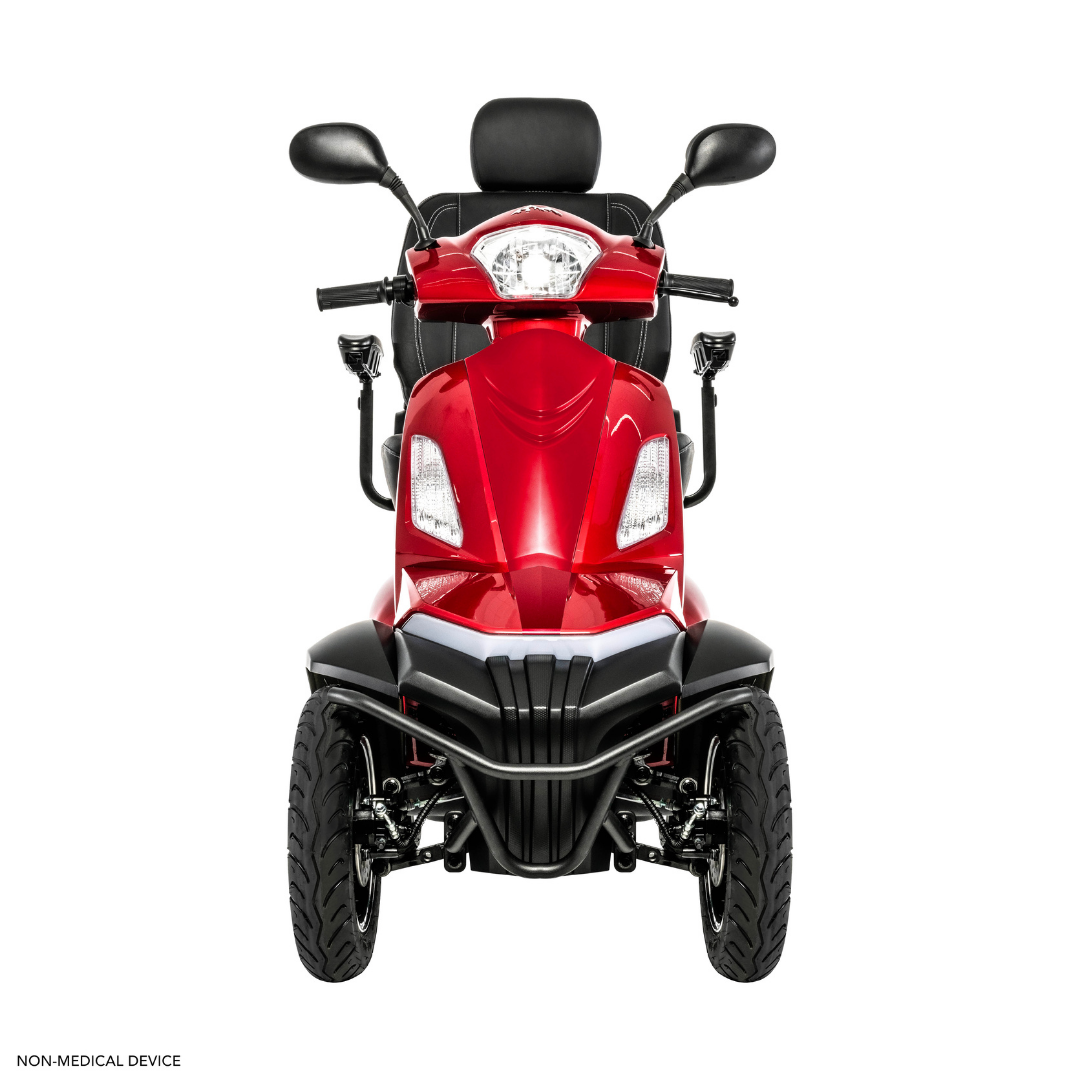 Front view of a red Pride Baja® Raptor® 2 Bariatric 4-Wheel Scooter with headrest, mirrors, and handlebars for outdoor mobility, shown on a white background. NON-MEDICAL DEVICE appears in small text at the bottom left.