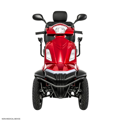 Front view of a red Pride Baja® Raptor® 2 Bariatric 4-Wheel Scooter with headrest, mirrors, and handlebars for outdoor mobility, shown on a white background. NON-MEDICAL DEVICE appears in small text at the bottom left.