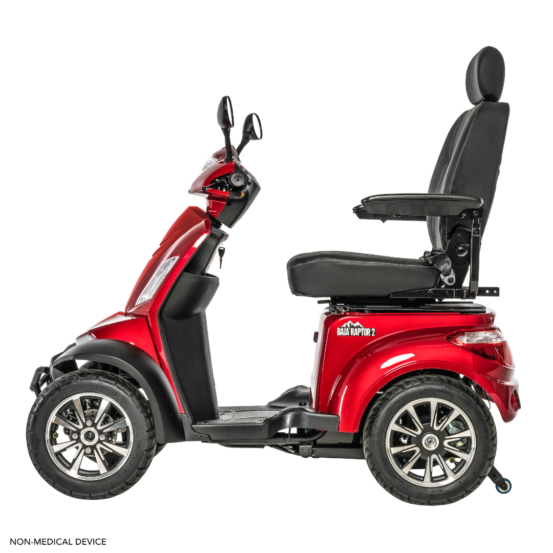 The Pride Baja® Raptor® 2 Bariatric 4-Wheel Scooter in red features a high backrest, black seat, armrests, mirrors, and large tires for premium comfort and outdoor mobility. Shown in side profile on a white background.
