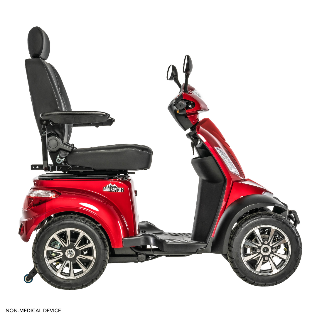 The Pride Baja® Raptor® 2 Bariatric 4-Wheel Scooter in red offers premium comfort with a high-back seat, armrests, rearview mirrors, and black tires. Shown in profile on a white background—perfect for outdoor mobility.
