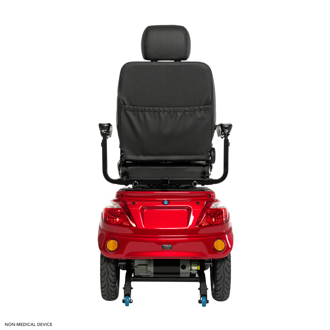 A red Pride Baja® Raptor® 2 Bariatric 4-Wheel Scooter seen from behind, featuring a cushioned black seat with armrests, headrest, rear wheels, and full suspension on a white background. “NON-MEDICAL DEVICE” appears in the lower left corner.